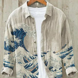 Men's Vintage Japanese Art Print Linen Shirt | Great Wave