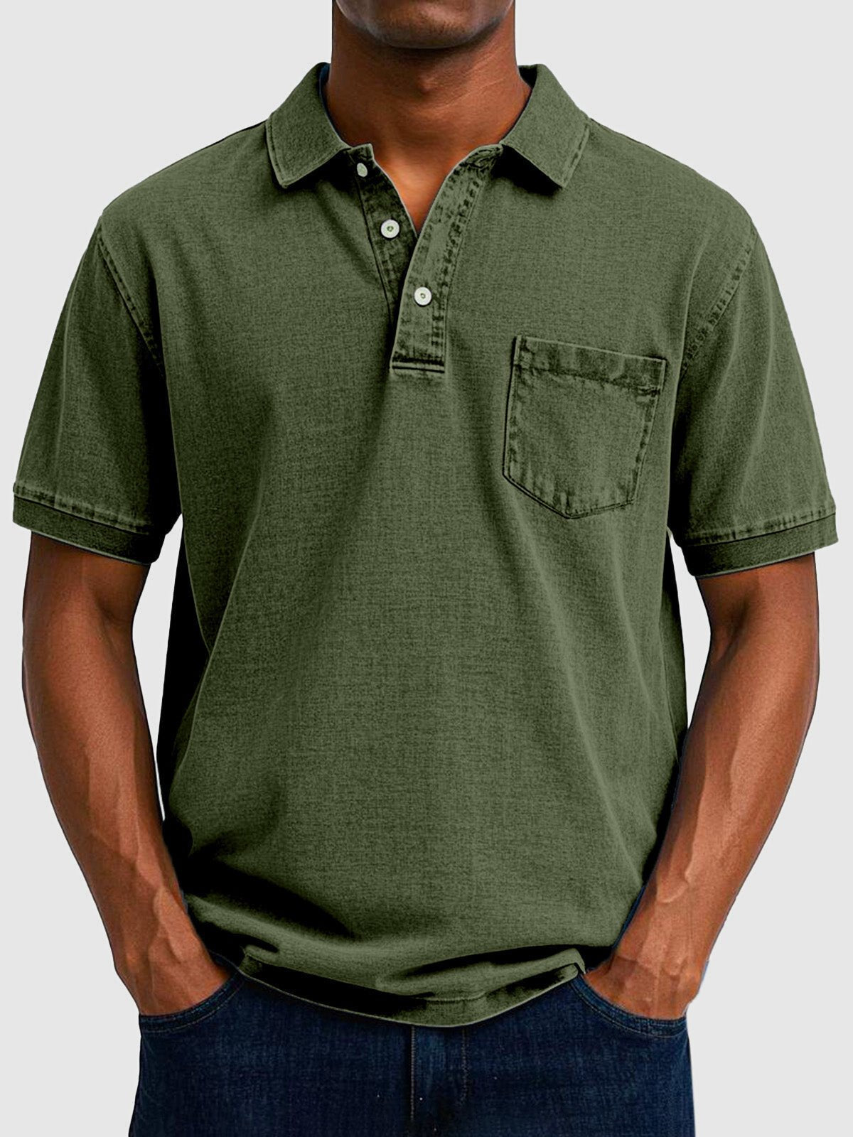 Men's Washed Cotton-Denim Polo Top Close Up