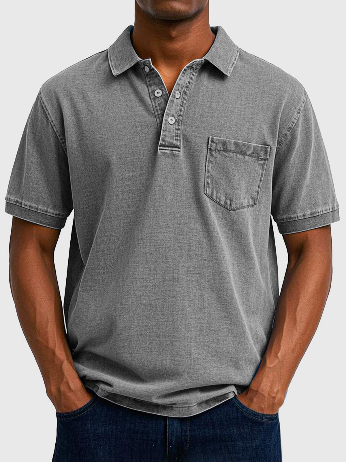 Men's Washed Cotton-Denim Polo Top Detail