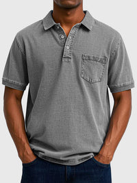 Men's Washed Cotton-Denim Polo Top Detail