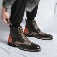 Men's Wingtip Brogue Leather Boots | Suede Panel Oxford Detail