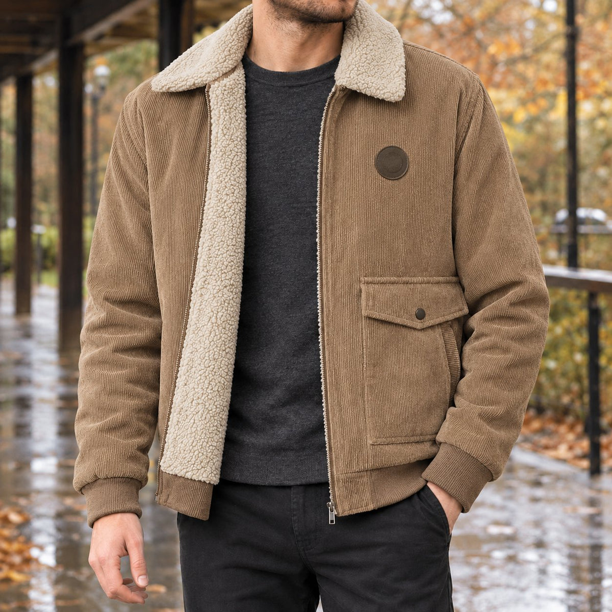 Men's Zip-Front Lined Jacket | Ribbed Cuff Casual Layer Back