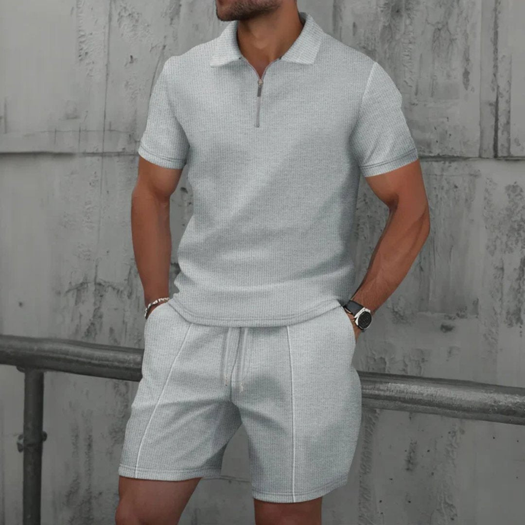 Men's Zip Two Piece Waffle Polo Set Angle