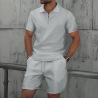 Men's Zip Two Piece Waffle Polo Set Angle