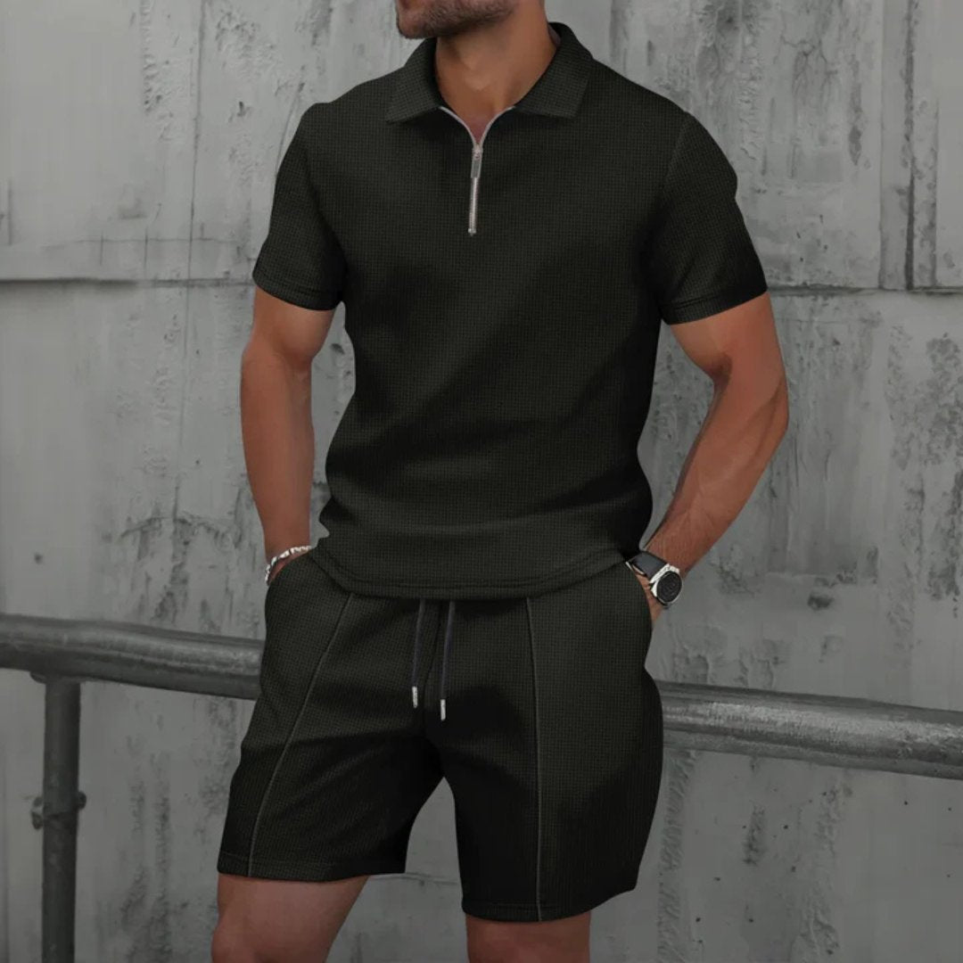 Men's Zip Two Piece Waffle Polo Set Back
