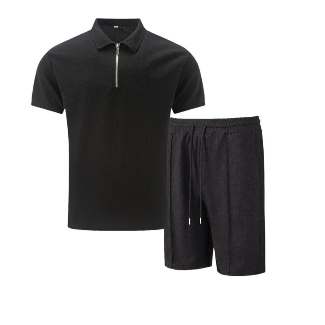 Men's Zip Two Piece Waffle Polo Set Close Up
