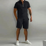 Conjunto de camisa polo con cremallera y pantalones cortos para hombre | Casual de verano