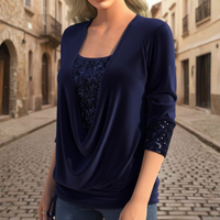 Blouse Long Sleeve Sequin Draped Neck Relaxed Fit Women