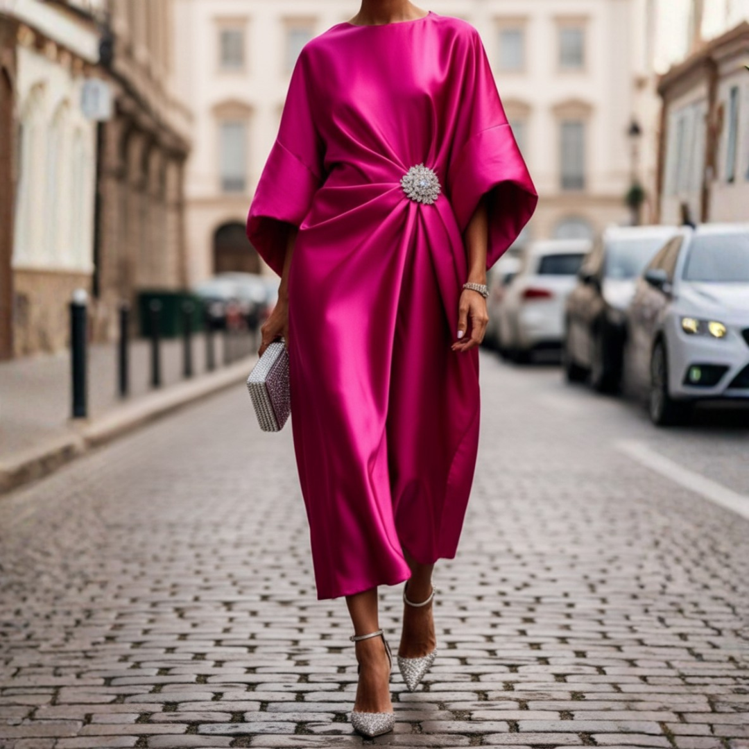 Women Satin Draped Rhinestone Brooch Midi Dress