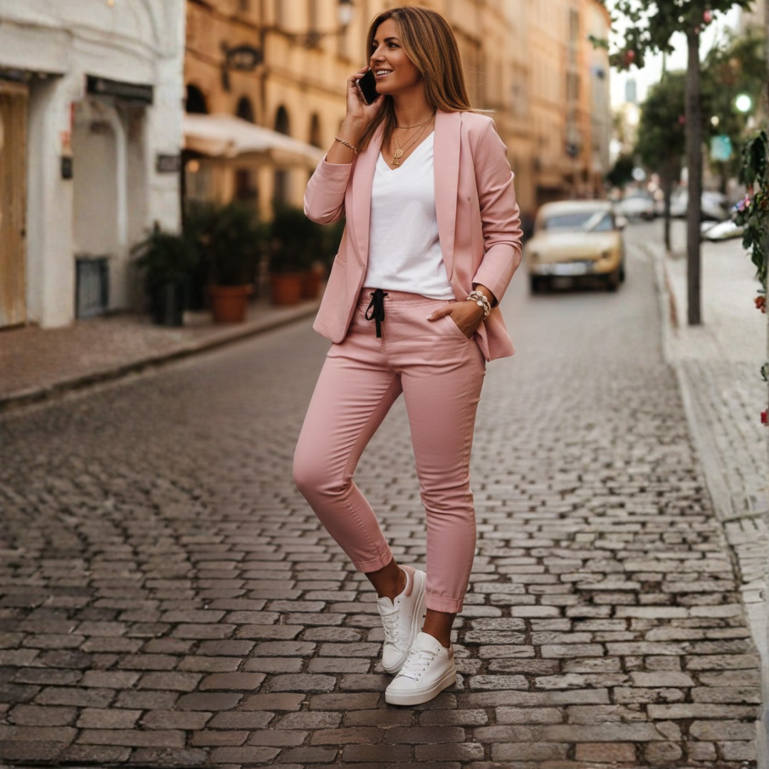 Conjunto de Blazer y Pantalón Deportivo con Frente Abierto y Mangas Fruncidas para Mujer
