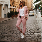 Conjunto de Blazer y Pantalón Deportivo con Frente Abierto y Mangas Fruncidas para Mujer
