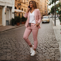 Conjunto de Blazer y Pantalón Deportivo con Frente Abierto y Mangas Fruncidas para Mujer