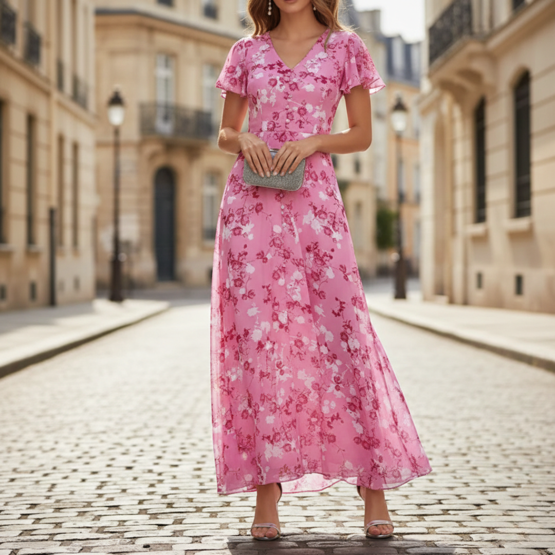 Vestido largo con manga corta y estampado floral para mujer