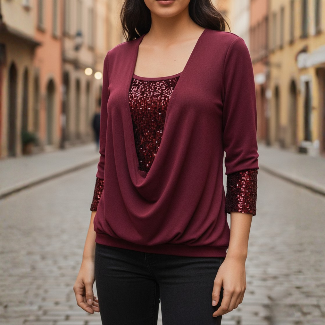 Blouse Long Sleeve Sequin Draped Neck Relaxed Fit Women