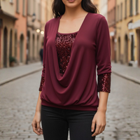 Blouse Long Sleeve Sequin Draped Neck Relaxed Fit Women