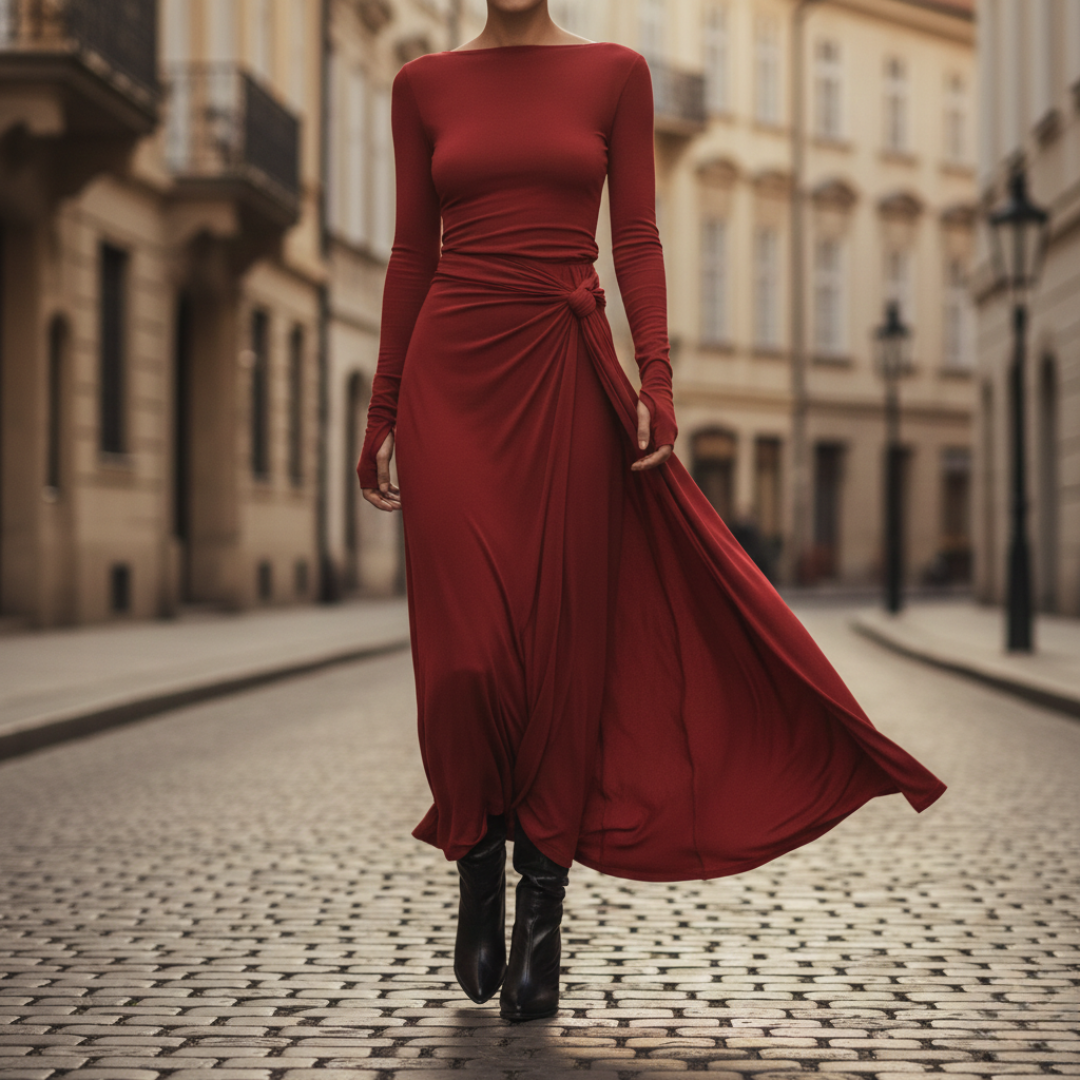 Vestido largo de mujer con nudo lateral, manga larga y hasta el suelo