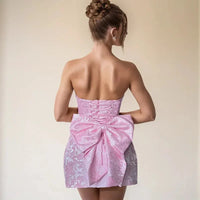 Vestido corto de jacquard para mujer, sin tirantes, sin espalda, sin mangas, con lazo