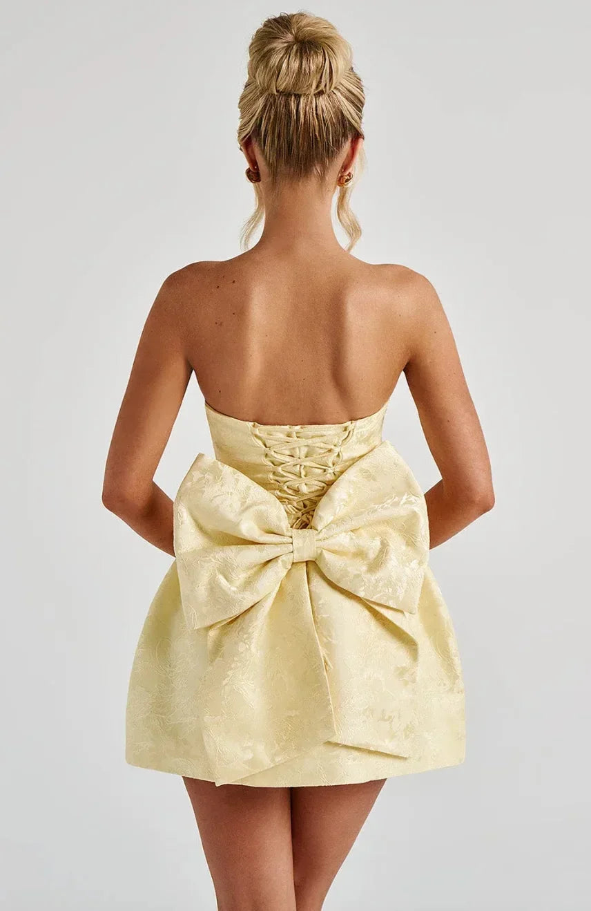 Vestido corto de jacquard para mujer, sin tirantes, sin espalda, sin mangas, con lazo