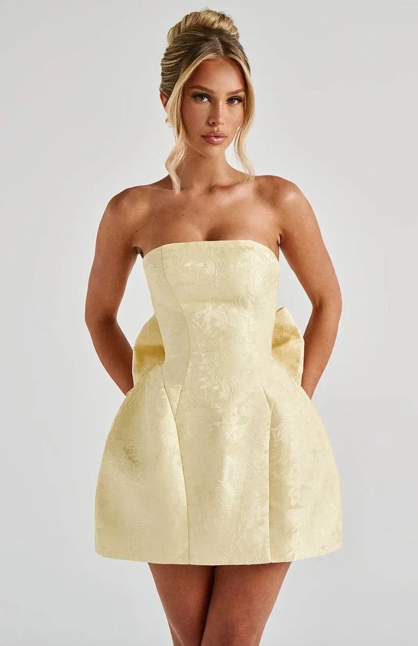 Vestido corto de jacquard para mujer, sin tirantes, sin espalda, sin mangas, con lazo