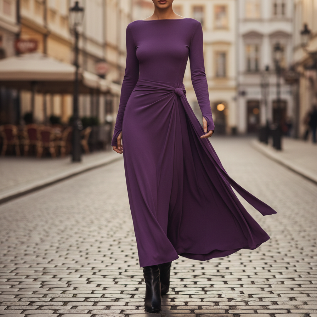 Vestido largo de mujer con nudo lateral, manga larga y hasta el suelo