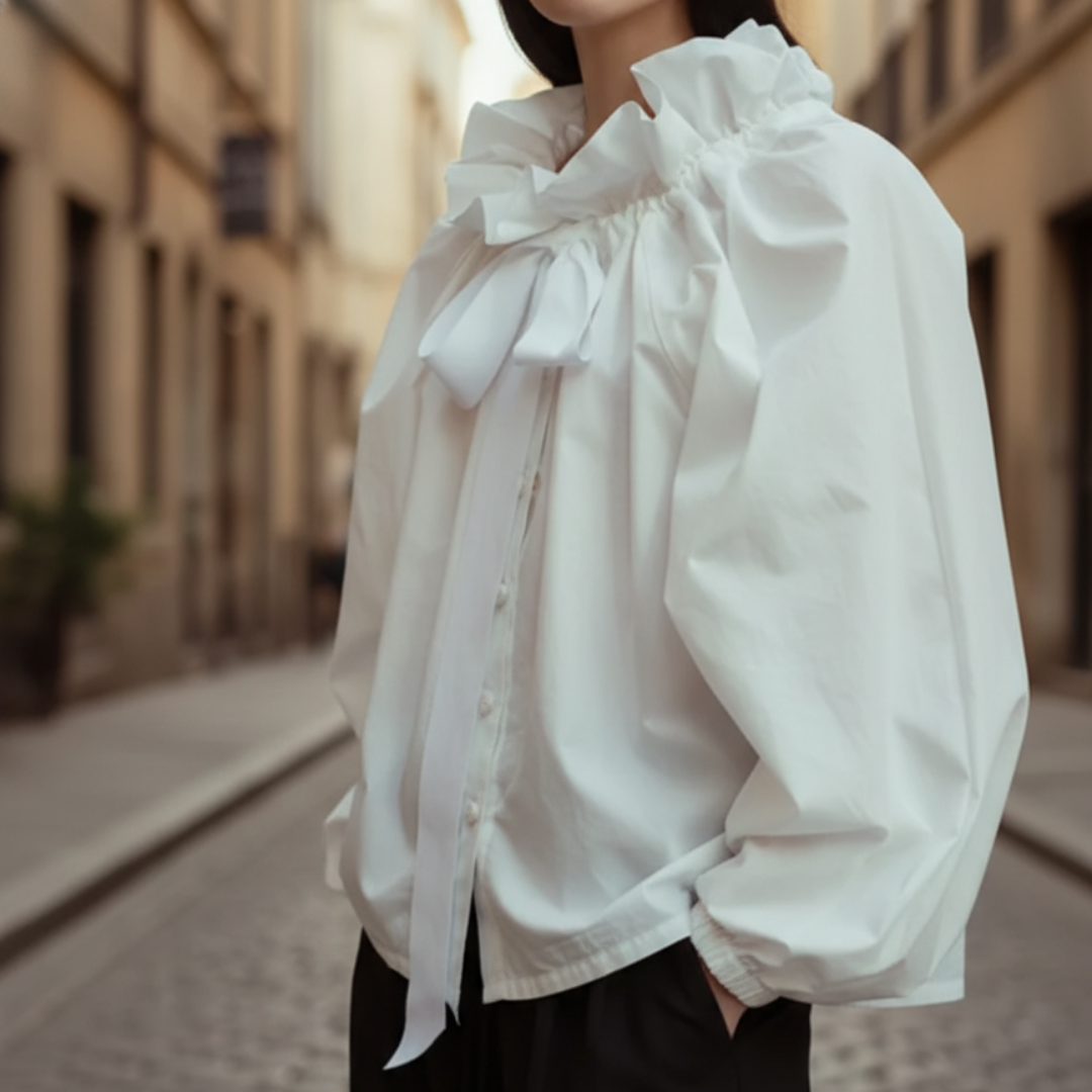 Blusa de mujer con rayas, volantes y lazo