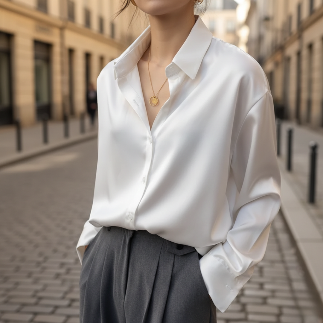 Blusa larga de satén para mujer con botones delanteros