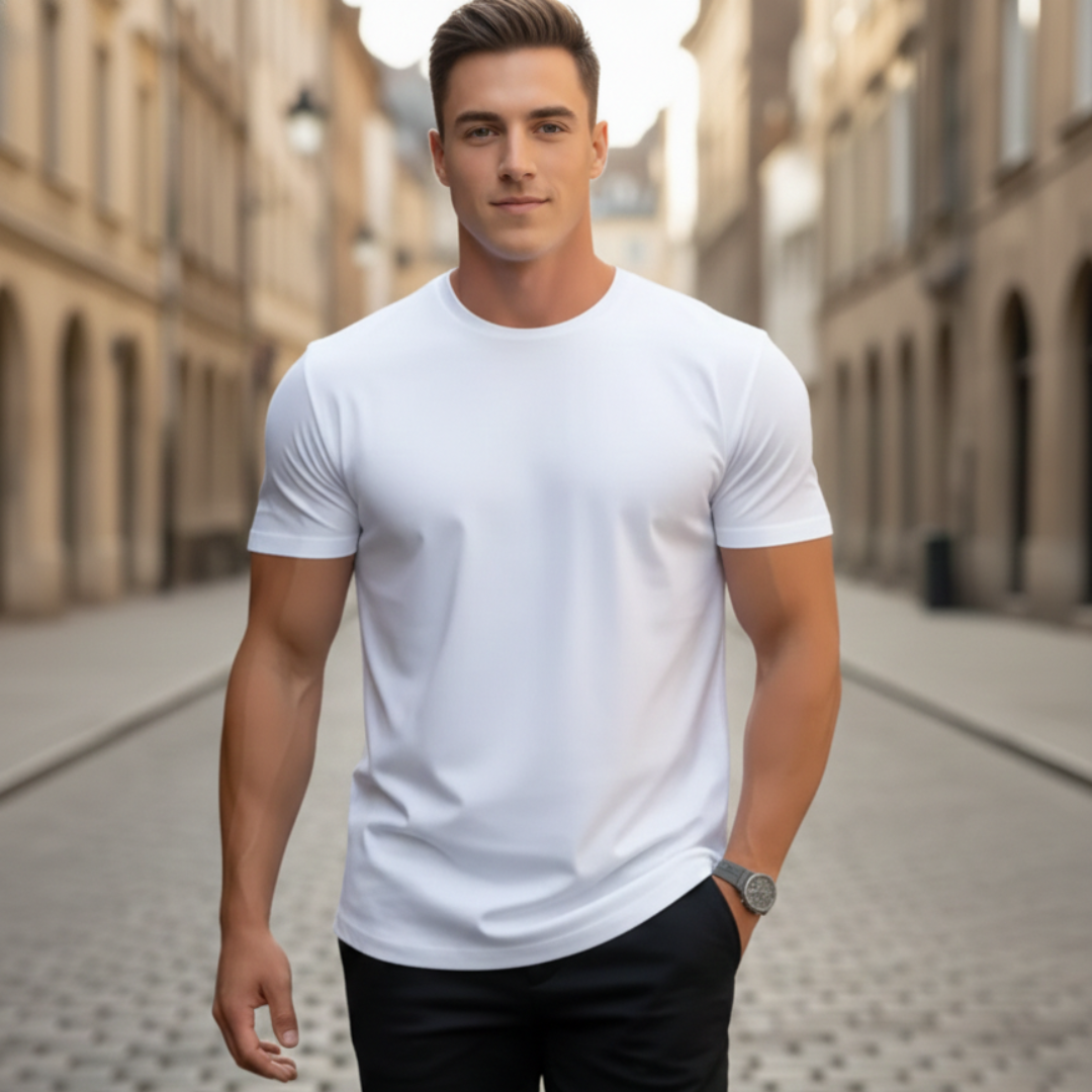Camiseta de cuello redondo, manga corta, ajuste entallado para hombre