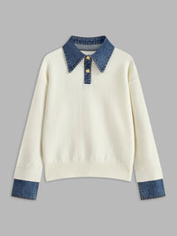 Women's 2 in 1 Panel Lapel Sweater | Denim Contrast Collar Alternate