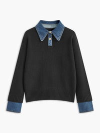Women's 2 in 1 Panel Lapel Sweater | Denim Contrast Collar Close Up