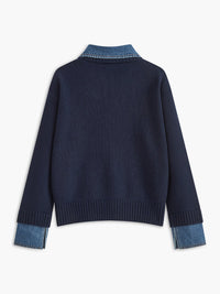 Women's 2 in 1 Panel Lapel Sweater | Denim Contrast Collar Detail