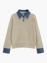 Women's 2 in 1 Panel Lapel Sweater | Denim Contrast Collar Full