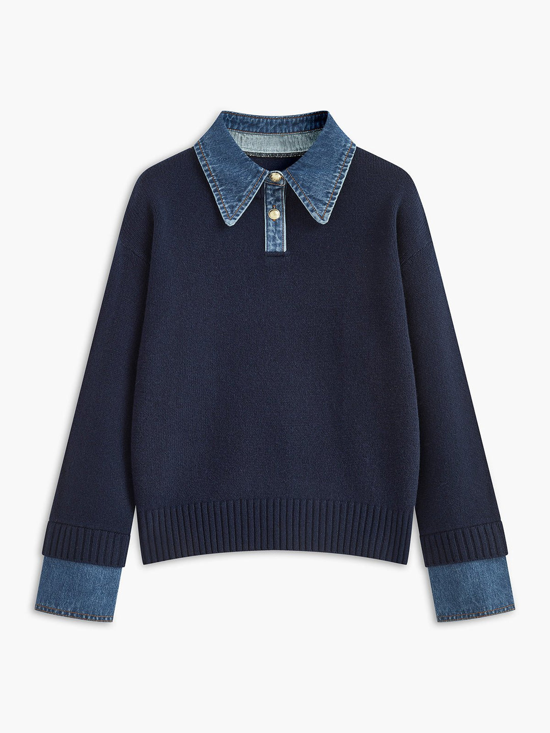 Women's 2 in 1 Panel Lapel Sweater | Denim Contrast Collar Hero