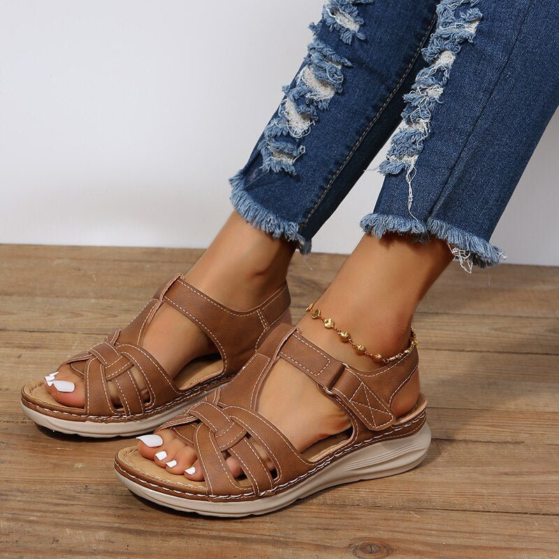 Women's Arch Support Walking Sandals | Woven T-Strap Close Up