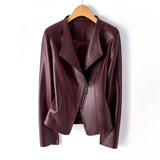 Women's Asymmetric Zip Leather Jacket | Structured V-Collar Slim Fit