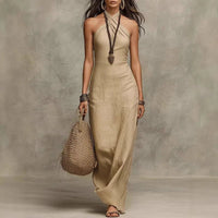 Women's Bohemian Halter Linen Dress | Cross-Neck Maxi Side