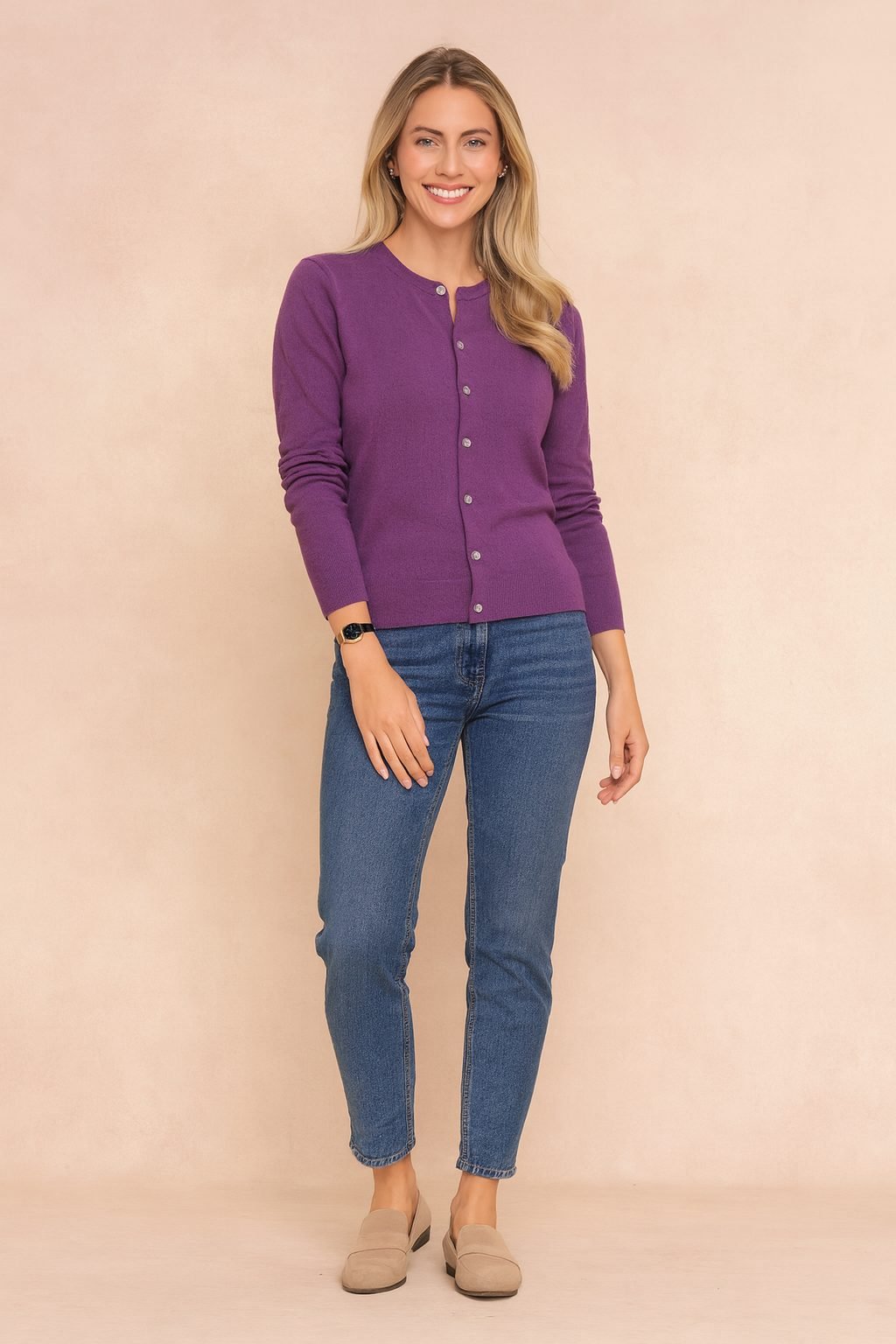 Women's Button Down Cardigan Sweater | Crew Neck Knit Layer Front