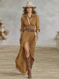 Women's Button Front Maxi Dress | Belted Slit Casual Hero