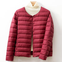 Women's Collarless Down Puffer Jacket | Snap-Button Slim Fit Lifestyle