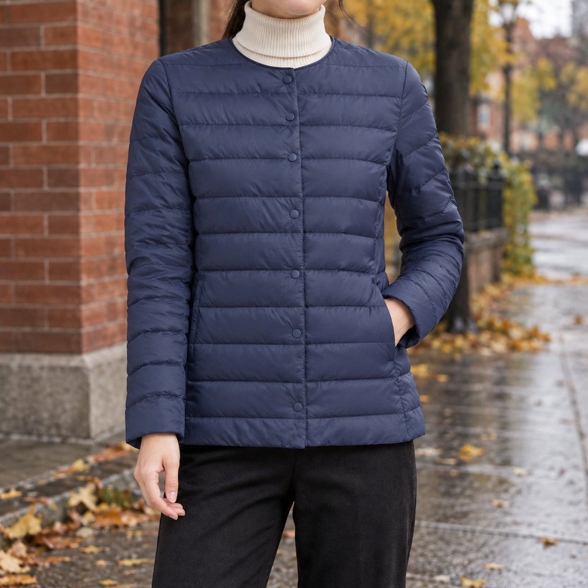 Women's Collarless Quilted Jacket | Snap Front Everyday Layer Back
