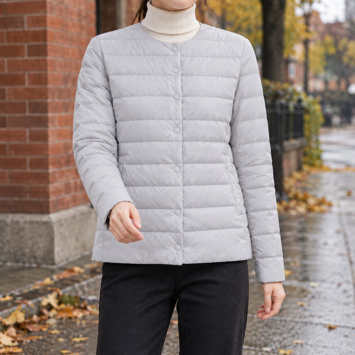 Women's Collarless Quilted Jacket | Snap Front Everyday Layer Close Up