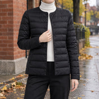 Women's Collarless Quilted Jacket | Snap Front Everyday Layer Detail
