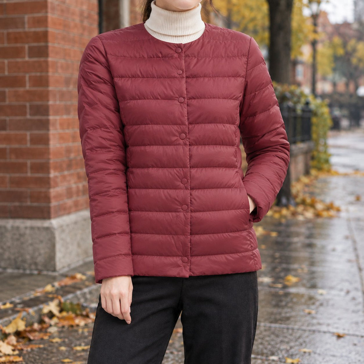 Women's Collarless Quilted Jacket | Snap Front Everyday Layer Side