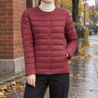 Women's Collarless Quilted Jacket | Snap Front Everyday Layer Side