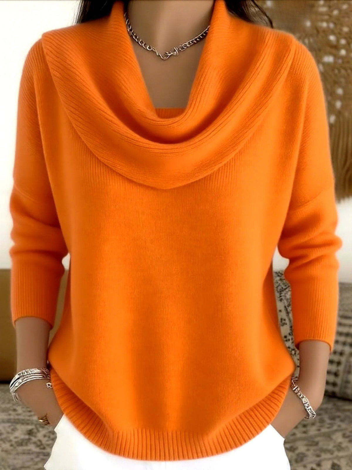 Women's Cowl Neck Long Sleeve Merino Wool Sweater | Relaxed Fit Angle