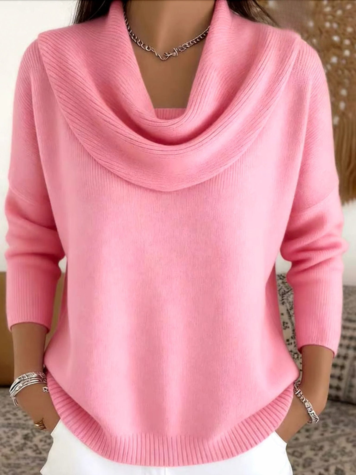 Women's Cowl Neck Long Sleeve Merino Wool Sweater | Relaxed Fit Close Up