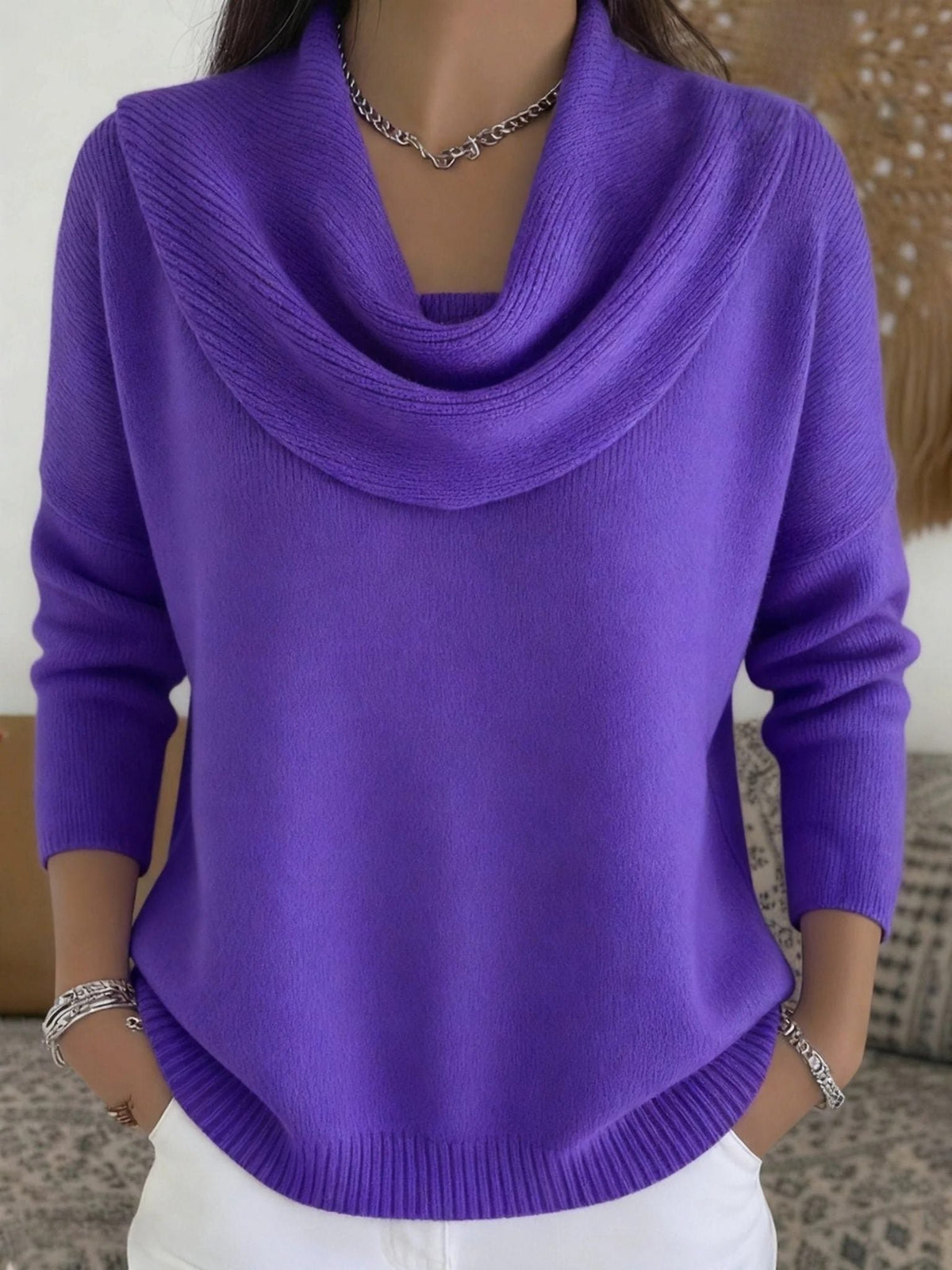 Women's Cowl Neck Long Sleeve Merino Wool Sweater | Relaxed Fit Full