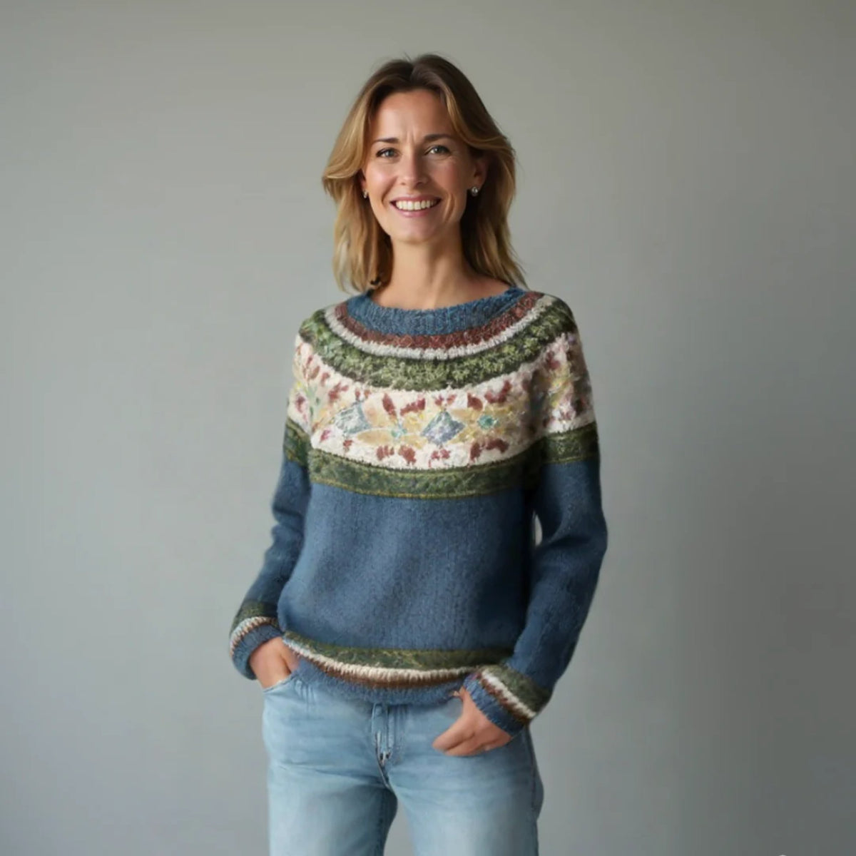 Women's Crew Neck Ribbed Knit Sweater | Striped Yoke Casual Top Angle