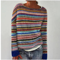 Women's Crew Neck Ribbed Knit Sweater | Striped Yoke Casual Top Front
