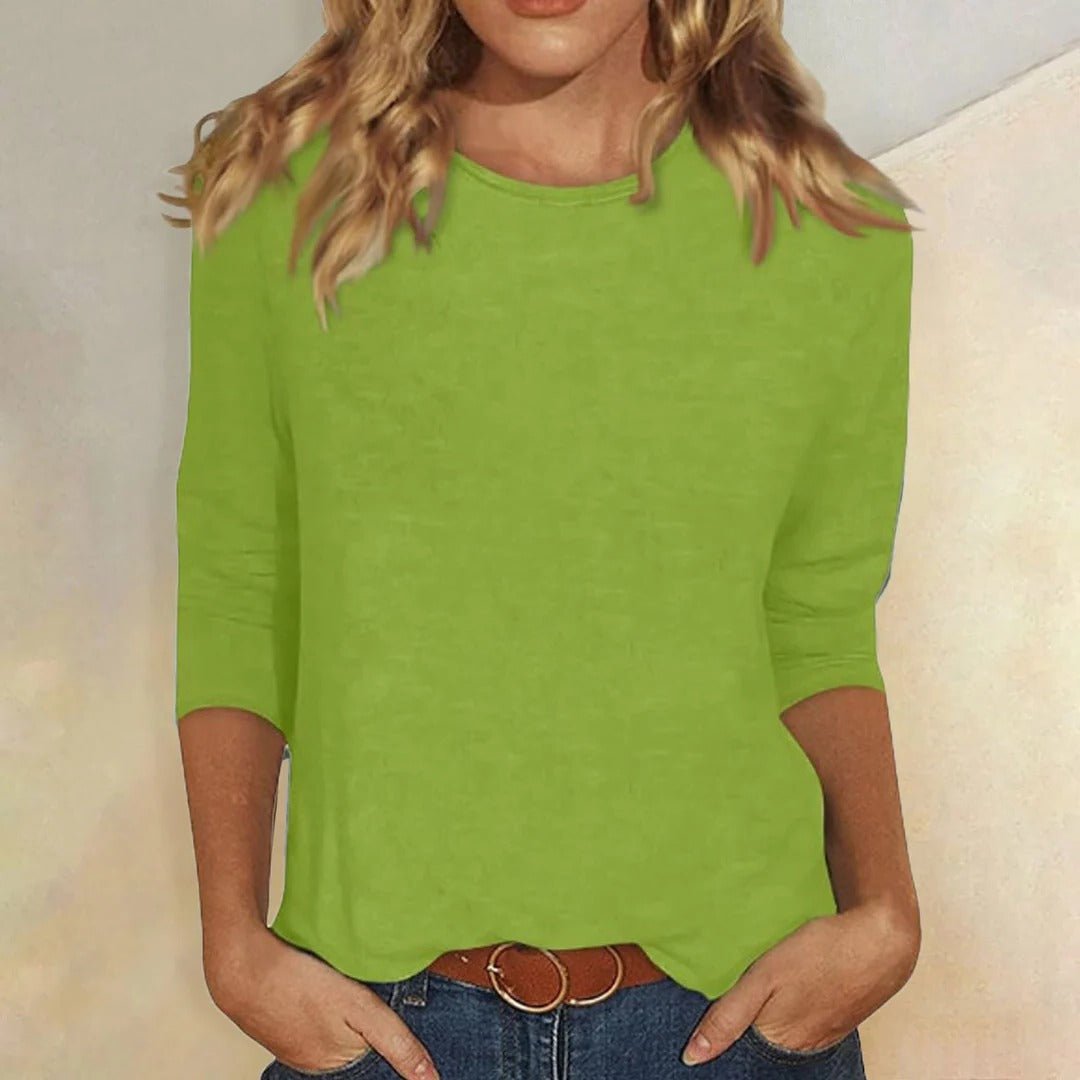 Women's Crew Neck Three Quarter Sleeve Top | Relaxed Fit Close Up
