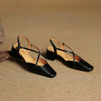 Women's Cross Strap Leather Block Heels | Closed Toe Alternate